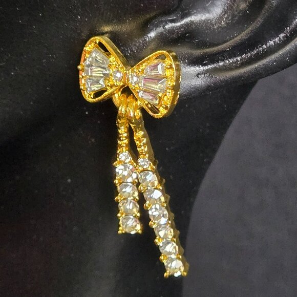Gold Tone Rhinestone Bow Drop Earrings Sparkling Crystal Dangle Statement Glam - Picture 2 of 7